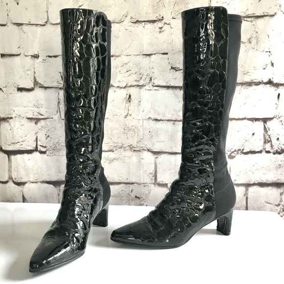 STUART WEITZMAN Croc Embossed 50/50 Ltd Edition Black Patent Leather Heel Boot 4 - Picture 9 of 16